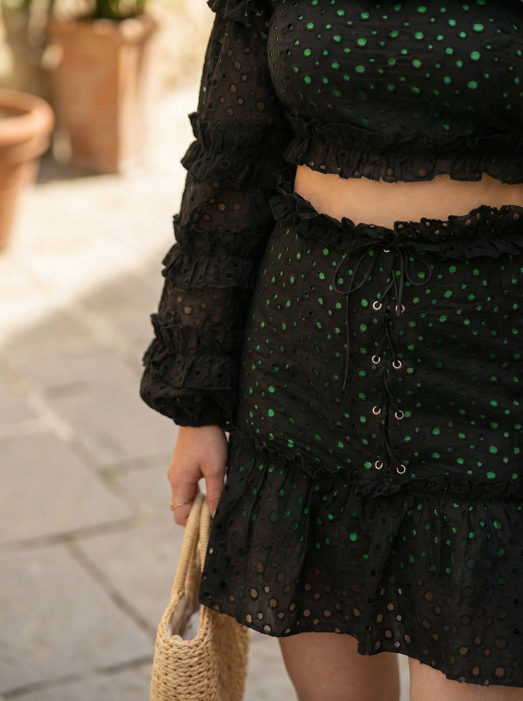 Cotton Off-Shoulder Black Crop Top and Mini Skirt with Green Lining