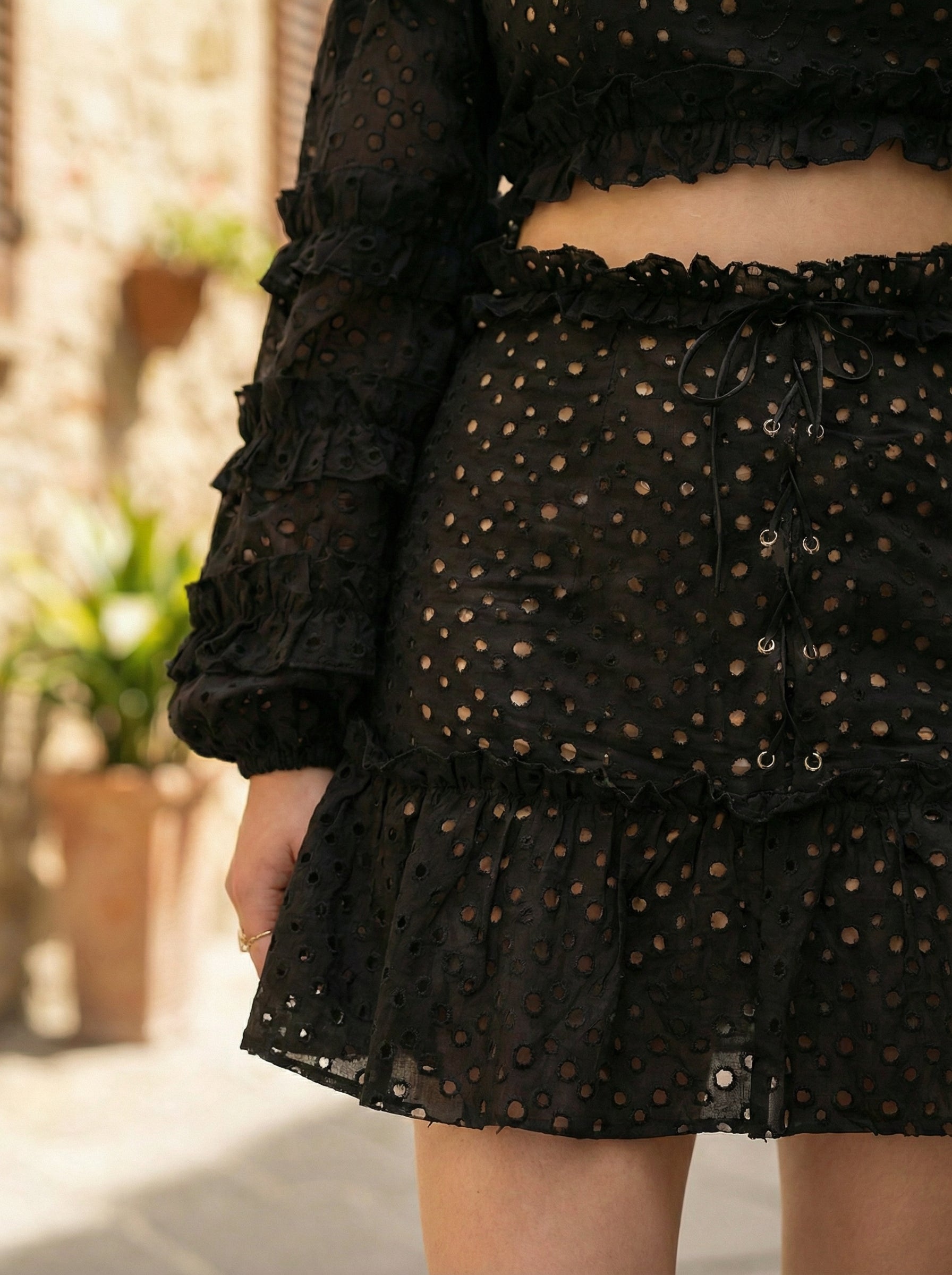 Cotton Off-Shoulder Black Crop Top and Mini Skirt with Beige Lining