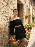 Cotton Off-Shoulder Crop Top and Mini Skirt with Black Lining