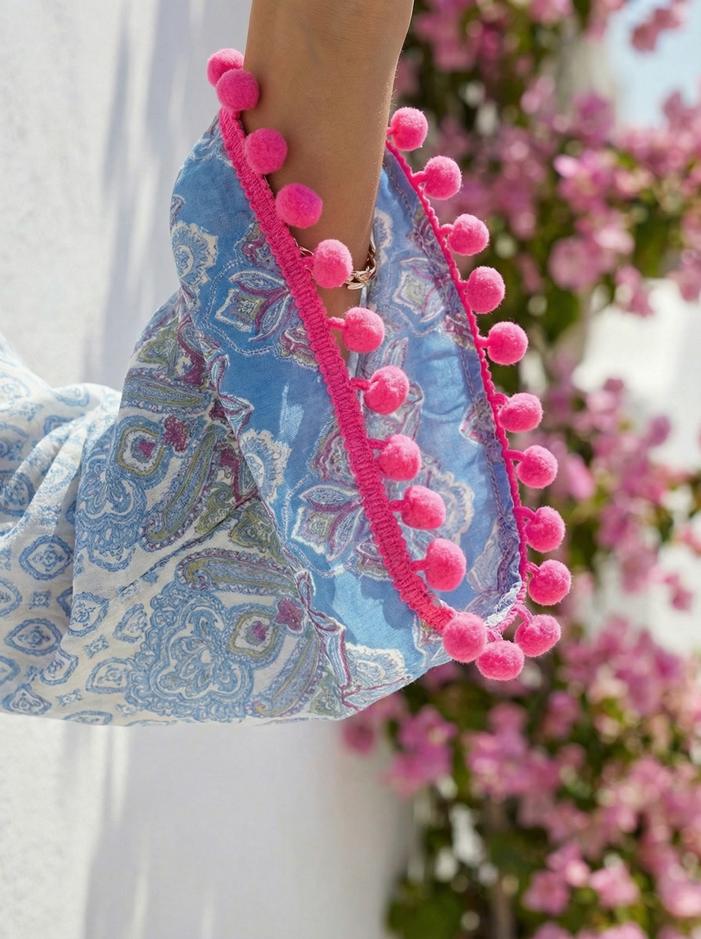 Blue Wrap Top and High-Waisted Shorts Patterned Set with Pink Pompoms