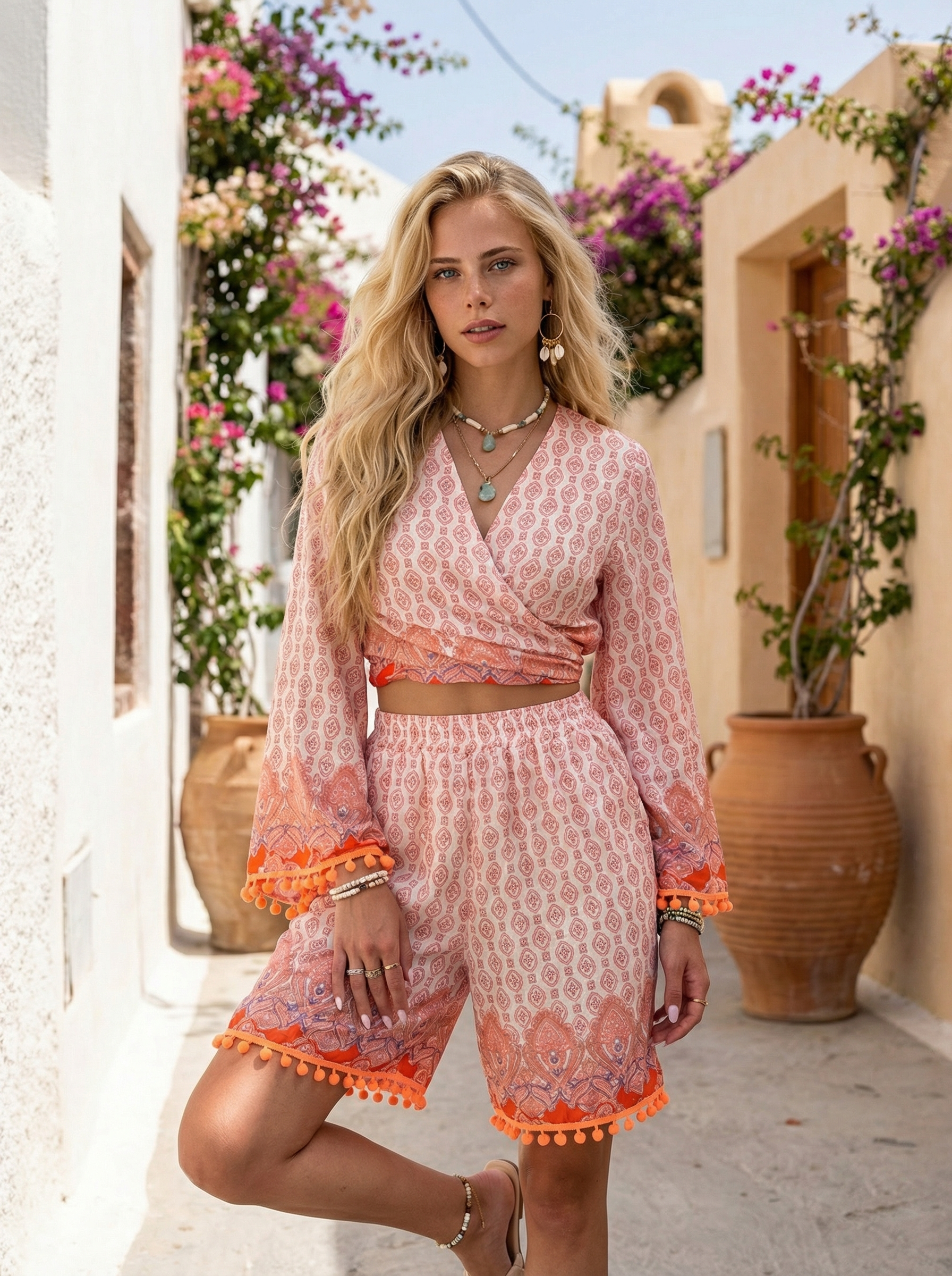 Blue Wrap Top and High-Waisted Shorts Patterned Set with Pink Pompoms