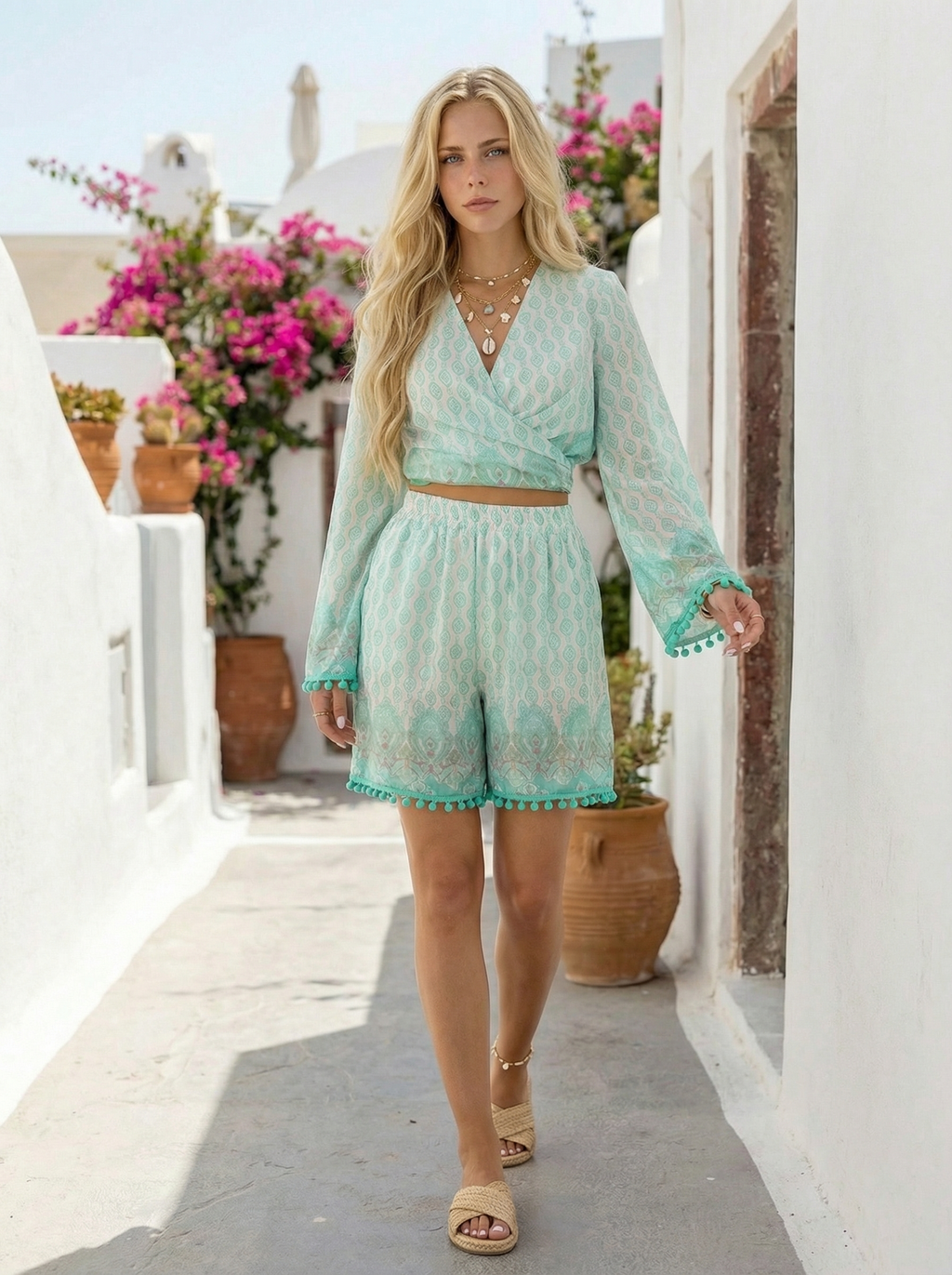Turquoise Wrap Top and High-Waisted Shorts Patterned Set with Mint Pompoms