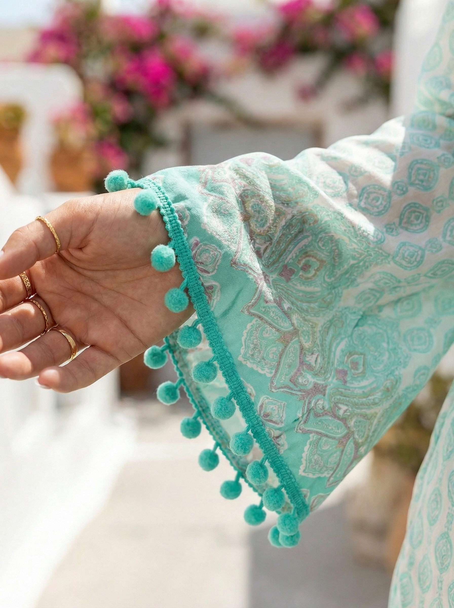 Turquoise Wrap Top and High-Waisted Shorts Patterned Set with Mint Pompoms