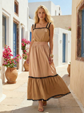 Cotton Beige Nude Top and Maxi Skirt with Black Pompoms