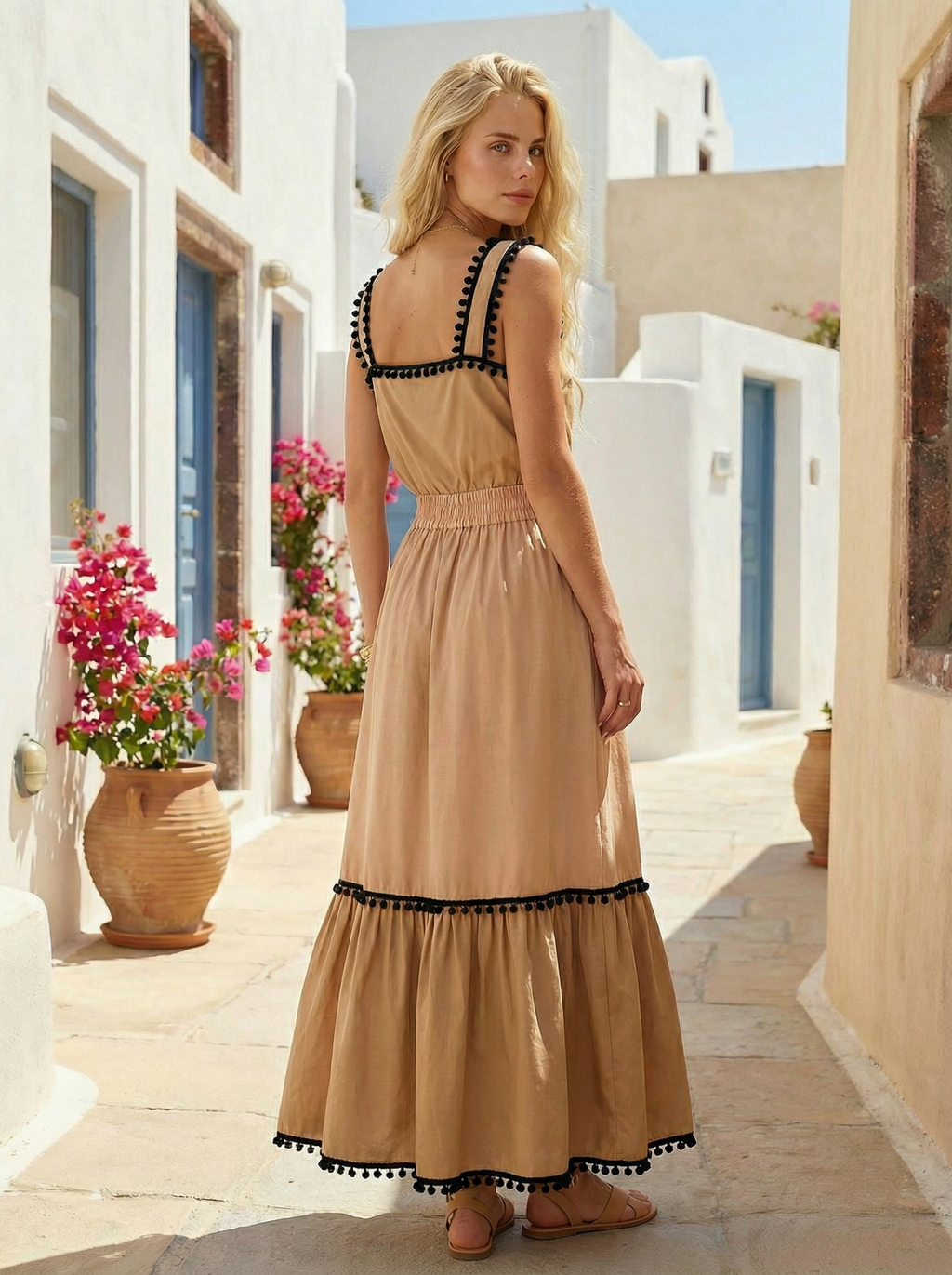 Cotton Beige Nude Top and Maxi Skirt with Black Pompoms