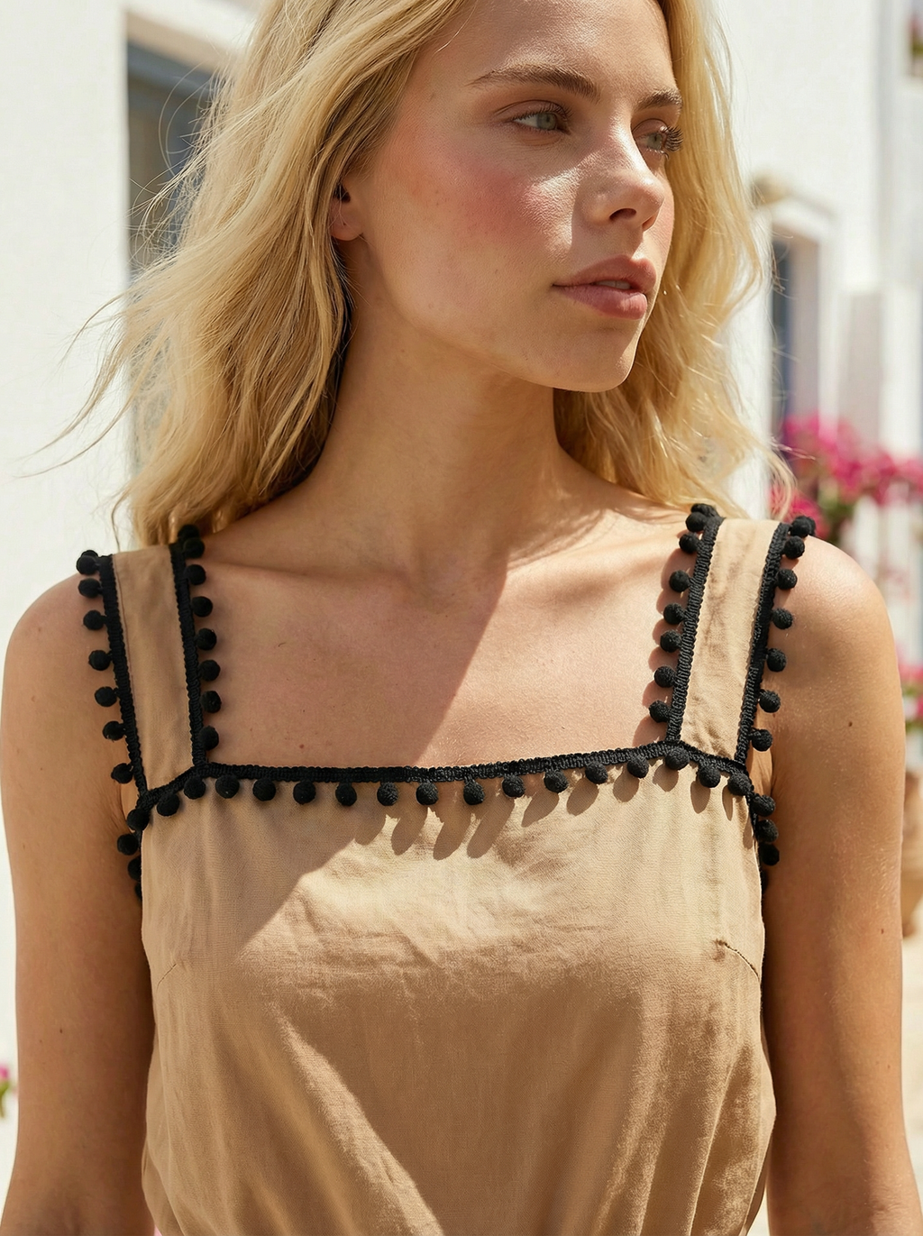 Cotton Beige Nude Top and Maxi Skirt with Black Pompoms