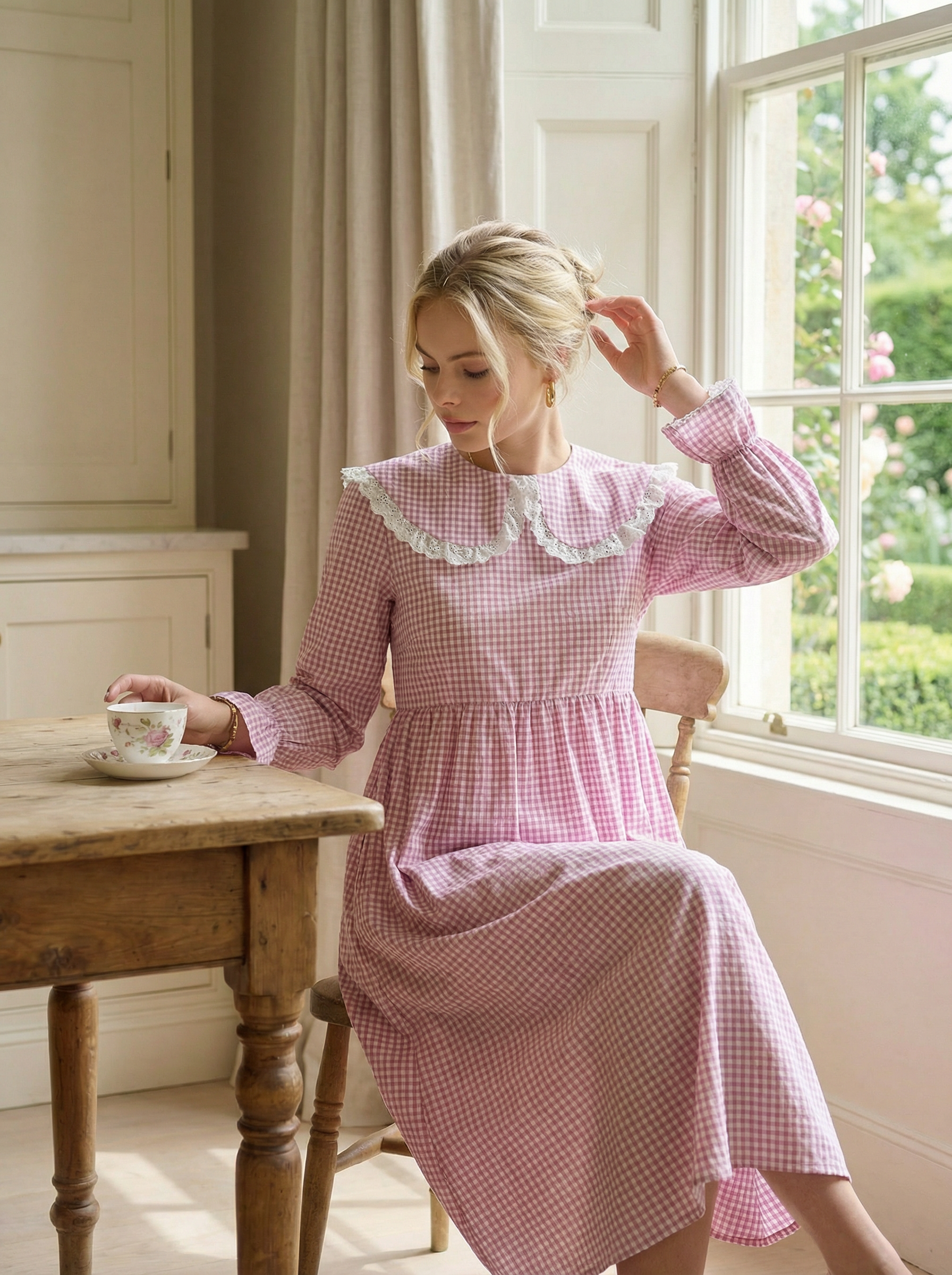 Cotton Pink Sailor Dress with Natural Wooden Buttons